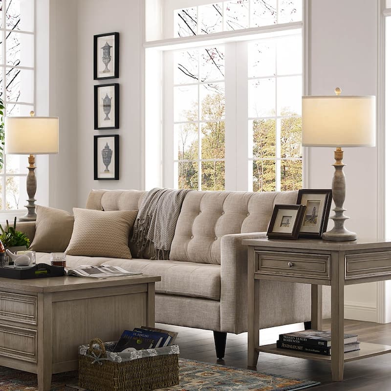 29 in. Wood Farmhouse Table Lamp with White Linen Shade, 9.5-Watt LED Bulbs Included (Set of 2) - 2-Pack 29"H