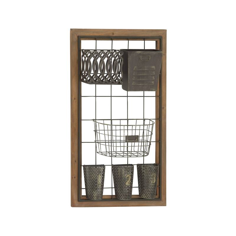Brown Metal 1 Slot and 5 Baskets Magazine Rack Holder with Suspended Baskets and Label Slot