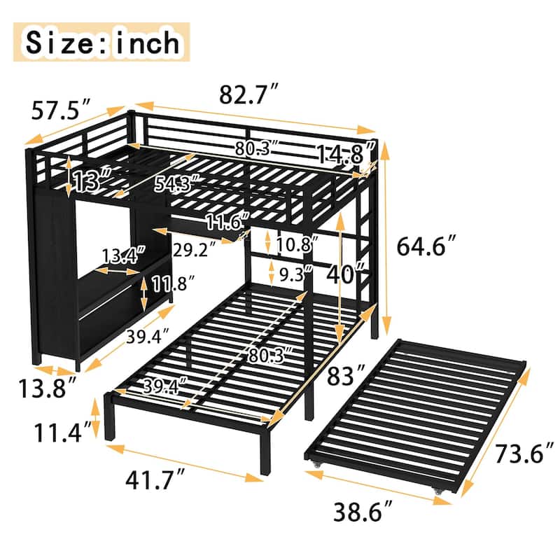 Metal Twin/Full/Queen Over Twin Bunk Bed with Trundle, Built-in Wardrobe, Foldable Desk, and Ladder, Black