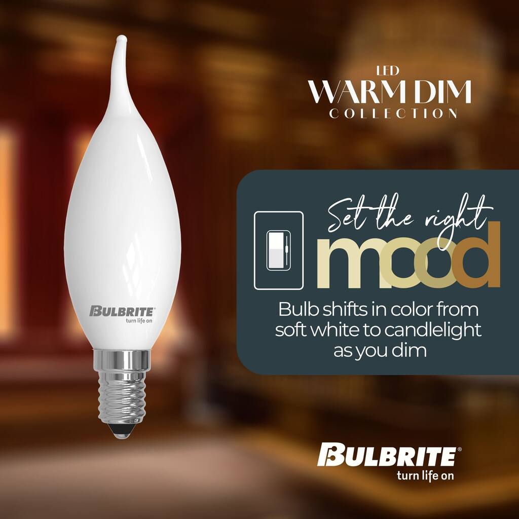 Bulbrite 5 Watt LED CA10 Light Bulbs, Warm Dimming 3000K (Soft White) - 1800K (Candlelight), 500 Lumens, (4 Pack) - Pack of 4