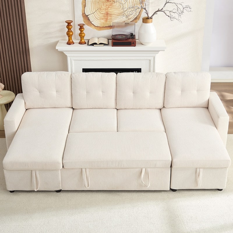 W103" Corduroy 4-Seater Modular Sleeper Sofa Bed with Storage Chaise,U-shaped Sofa with Pull-out Bed