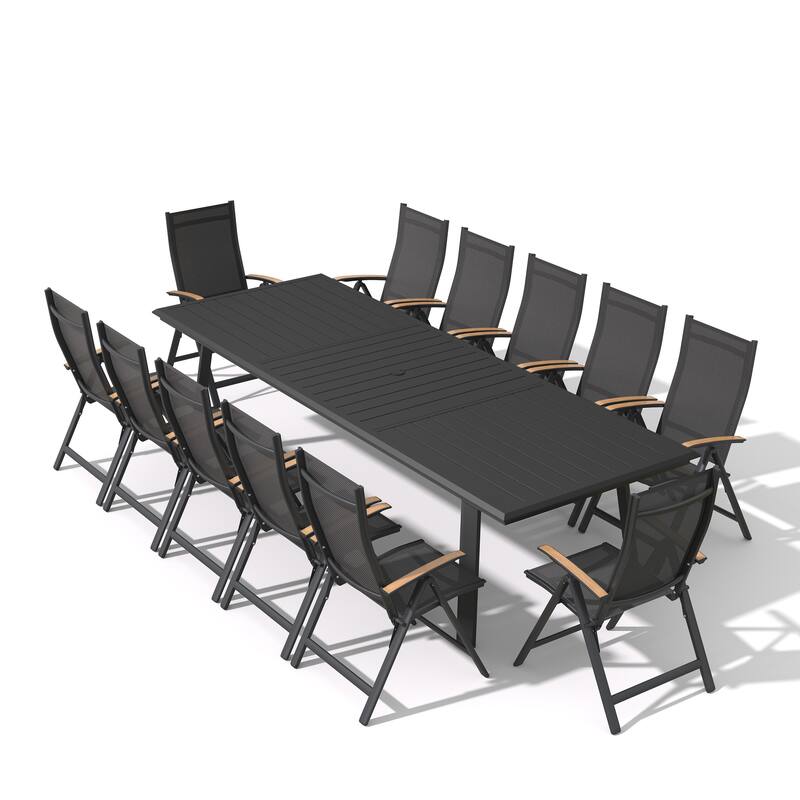 9/11/13-Piece Outdoor Patio Dining Set All-Weather Aluminum Dining Table with Umbrella Hole and Adjustable Folding Chairs - Black - Set of 13