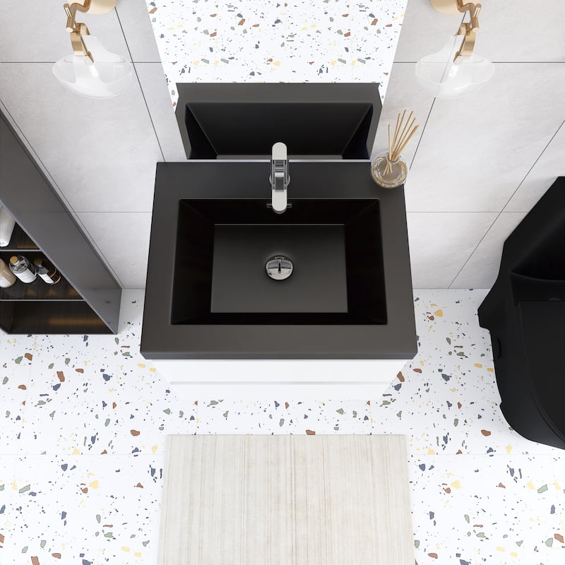 24/30/36 inch Wall-Mounted Bathroom Vanity Set in White with Integrated Black Resin Sink