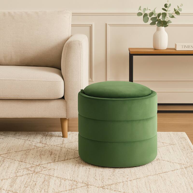 Pero Storage Ottoman, 18 Inch Round Removable Lid, Rich Green Velvet