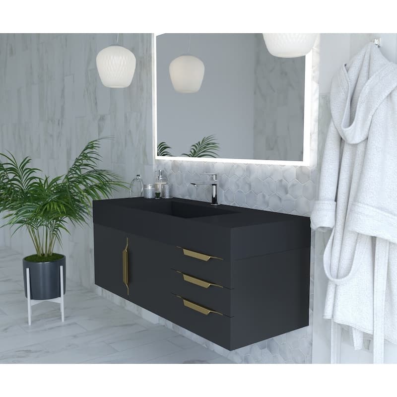 Amazon 48" Wall Mounted Bathroom Vanity Set w/ Black Top