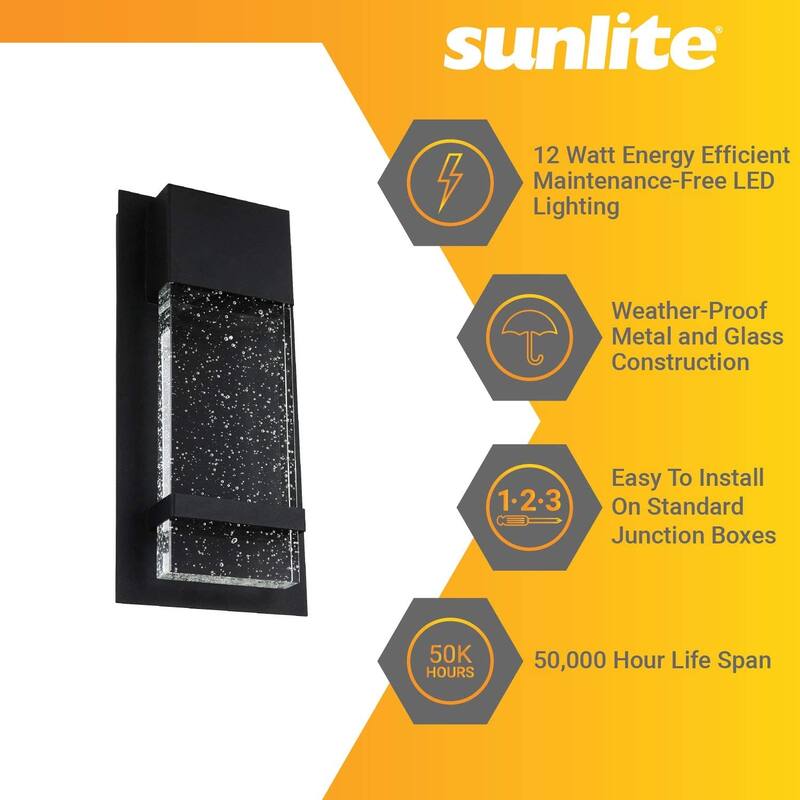 Sunlite 6.5 in. Wide Black LED Warm White (3000K) Modern Indoor Outdoor Wall Sconce with Rain Glass Panel