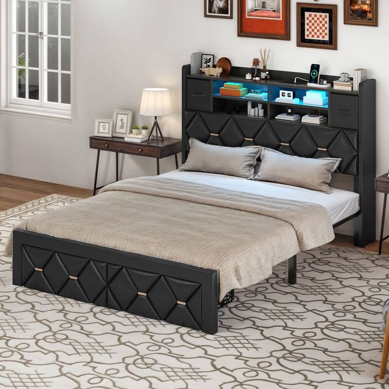 Moasis Upholstered Bed Frame with Storage Headboard And Charging Station and LED Light - Black PU Leather - Full
