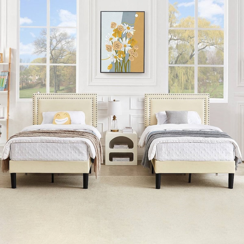 Set of 2 Twin Size Tufted Upholstered Platform Beds Dorm Style Minimalist Metal Frame with Slats No Box Spring Needed - Beige