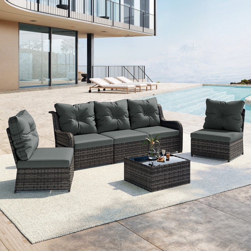 Outdoor Wicker Patio Conversation Furniture Set with Table and Cushion
