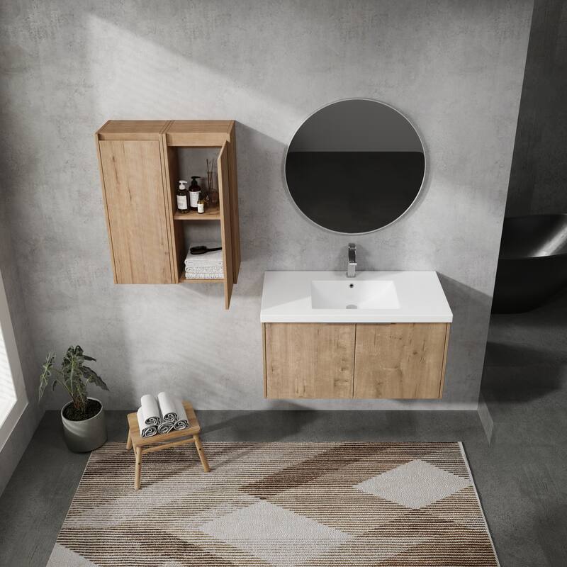 24" Floating Bathroom Vanity with Resin Sink, Side Cabinets, Soft-Close Doors, and Luxury Metal Handles