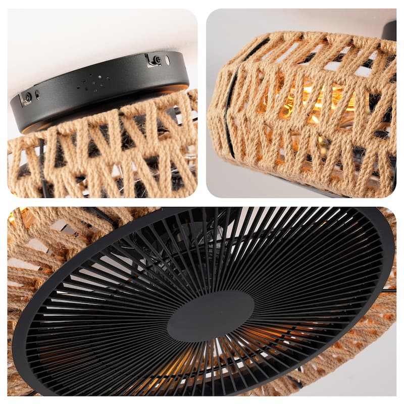 20" Vintage Rope Ceiling Fan Light w/ Remote Control 6 Speed Adjustable Airflow, NOT Included Bulbs