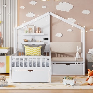 Twin House Bed with Sofa, Wireless Charging, Drawers, and Shelves, White