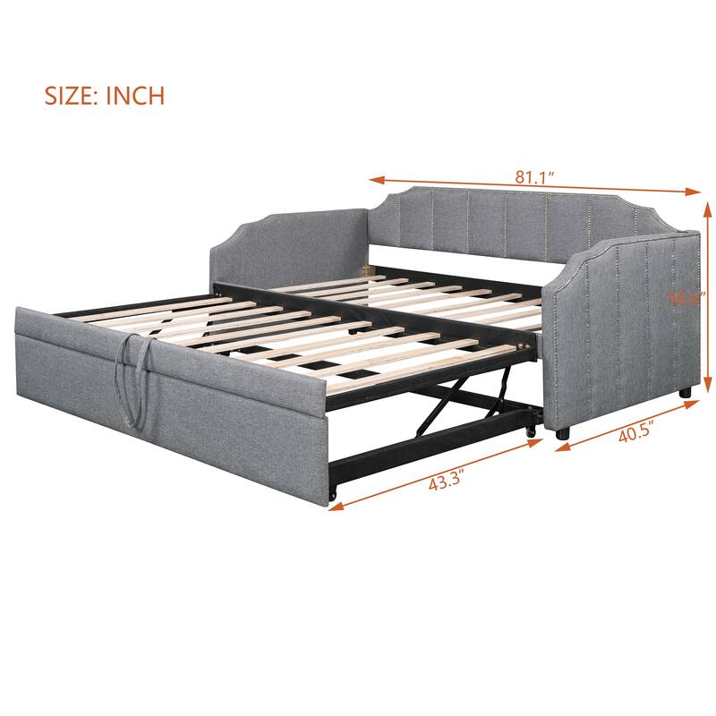 Twin Size Upholstered Daybed with Pop-Up Trundle & USB Charging Ports