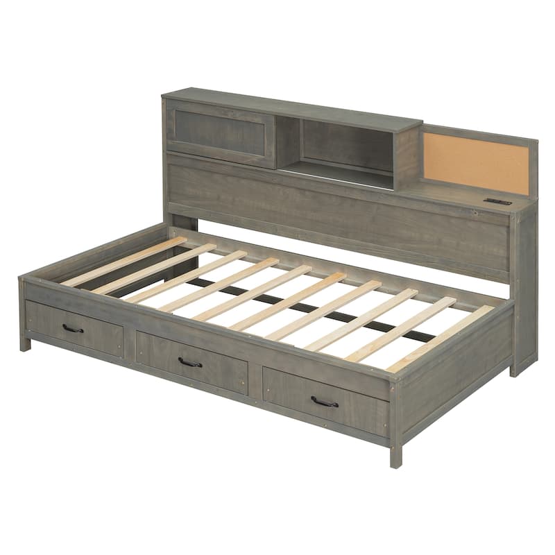 Twin Size Daybed with 3 Storage Drawers and Upper Soft Board, Versatile Wooden Sofa Bed Frame w/a Set of Sockets & USB Ports