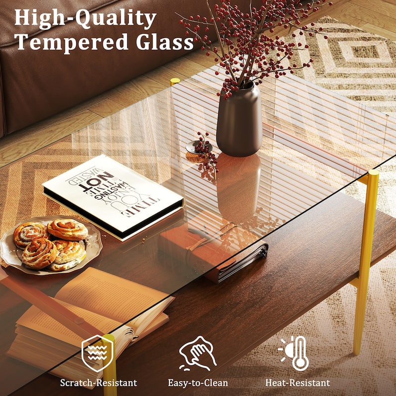 2-Tier Brown and Gold Coffee Table with Tempered Glass Top and Storage Shelf Modern Living Room Decor - 41" x 21" x 17.5"