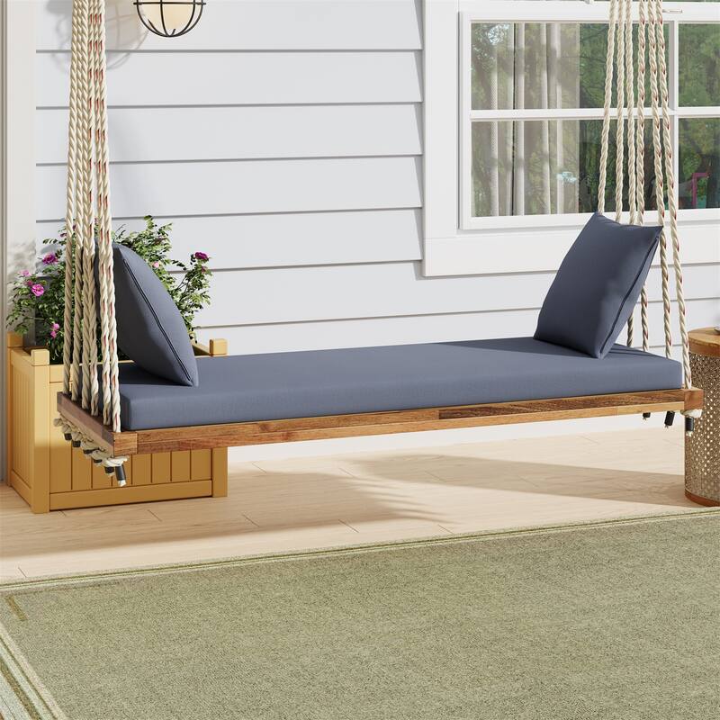 Patio Wood Hanging Swing Bench with Cushion and Pillows - Natural
