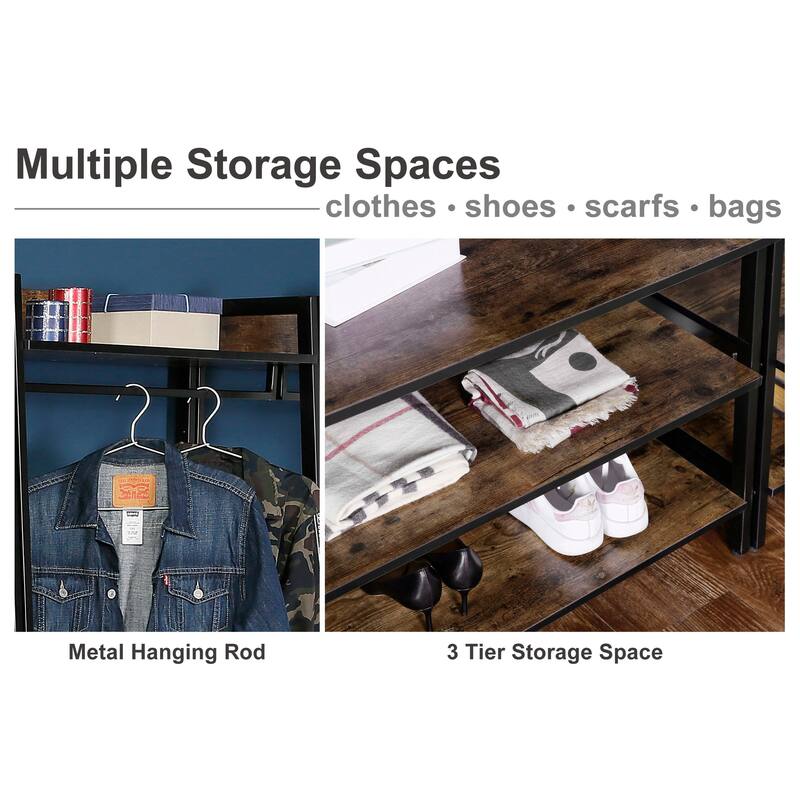 JJS Industrial Rustic Coat Rack & Shoe Stool Entryway Hall Tree with Storage Drawers & Shelves Rustic Brown