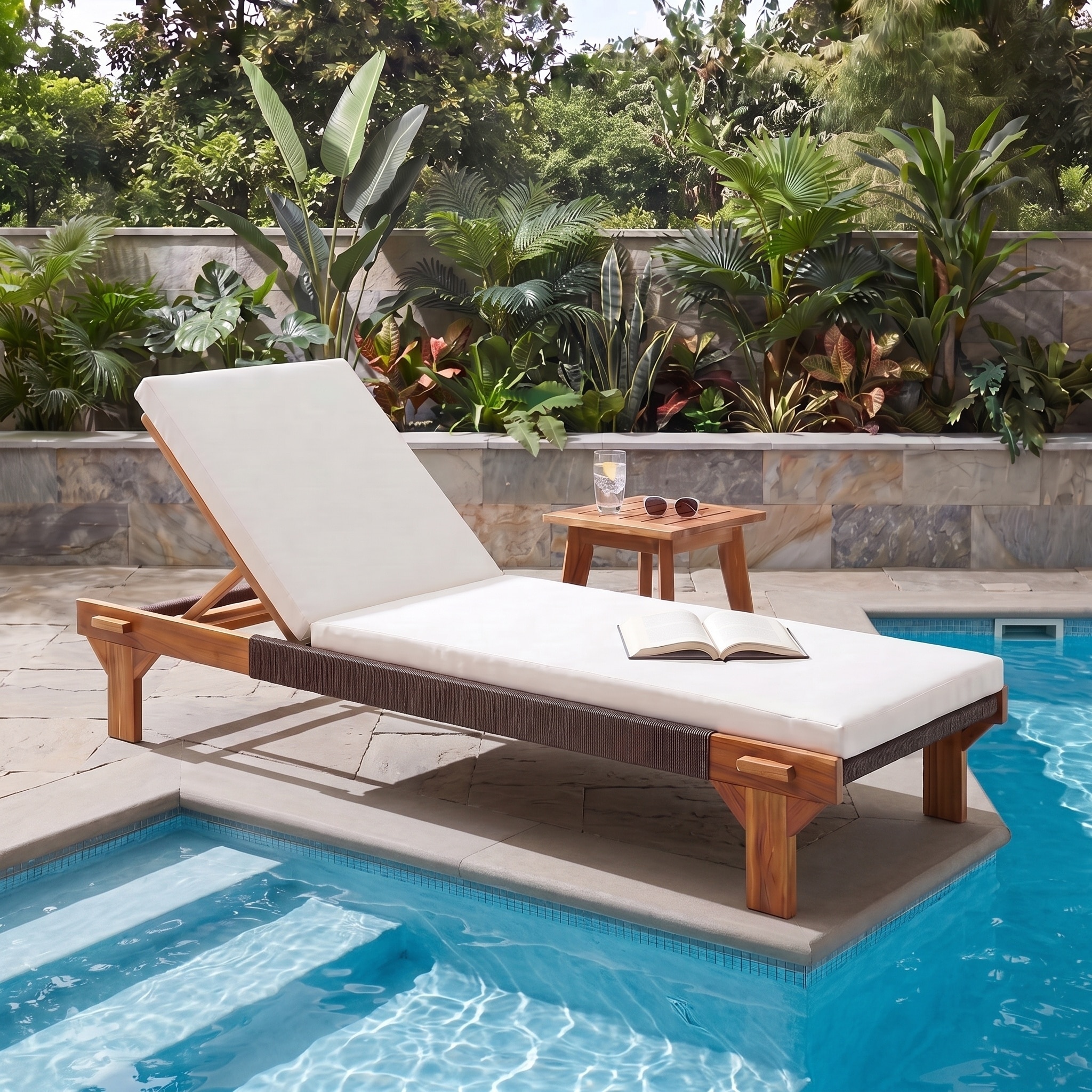 Christopher Knight Home - Outdoor Acacia Wood Chaise Lounge with Water Resistant Cushion Adjustable Backrest and Rope Accents