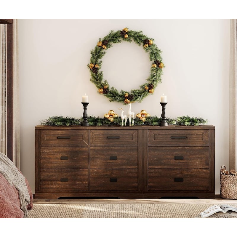 WAMPAT Mid Century Modern 2 in 1 Dresser with 9 Drawers for Bedroom - Brown