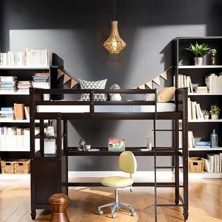 Versatility Galore Twin Wooden Loft Bed with Shelves Drawers and Desk