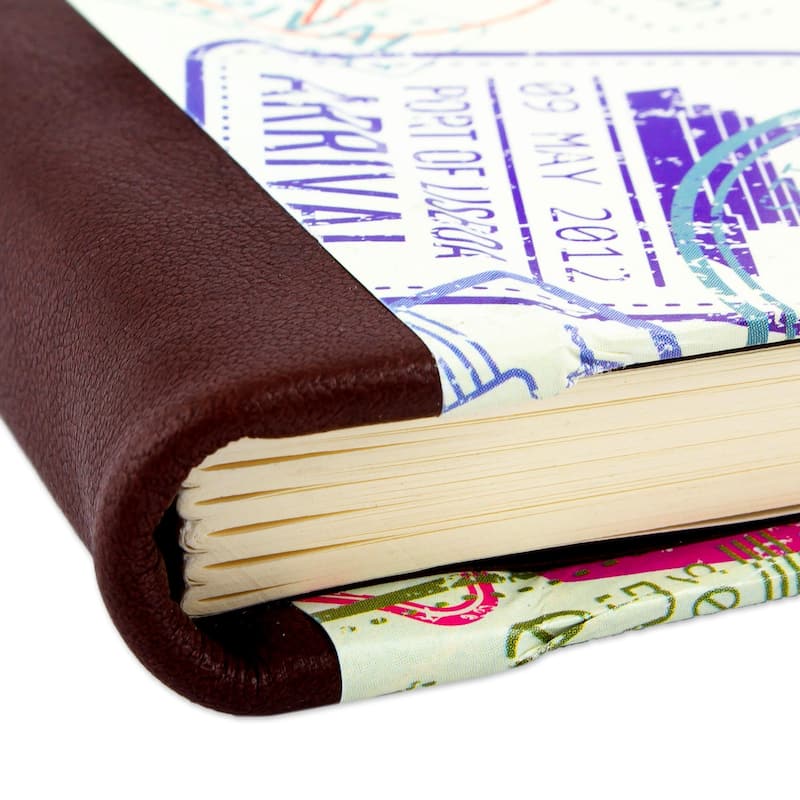 Novica Handmade Passport Stamps Leather Trimmed Recycled Paper Journal