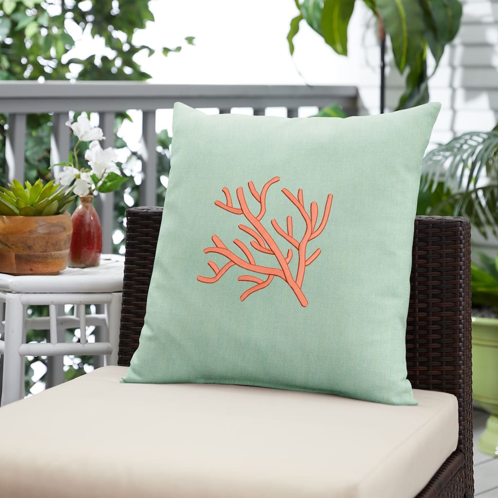 Sorra Home Indoor/Outdoor Sunbrella Canvas Spa Green Coral Embroidered Pillow - 18 x 18 x 6 in