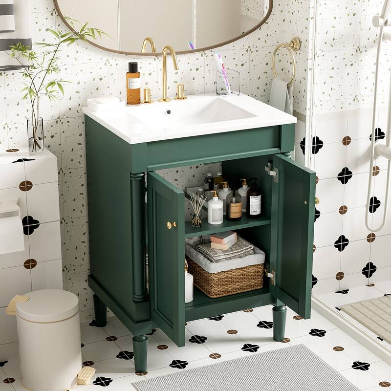 24 Inch Bathroom Vanity with Ceramic Top Sink, Freestanding Single Sink Vanity with Storage Shelves, Modern Style