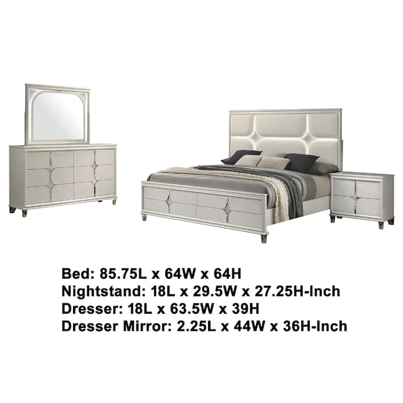 Ory 4pc Queen Bedroom Set, LED Lights, Diamond Star Design, White Wood