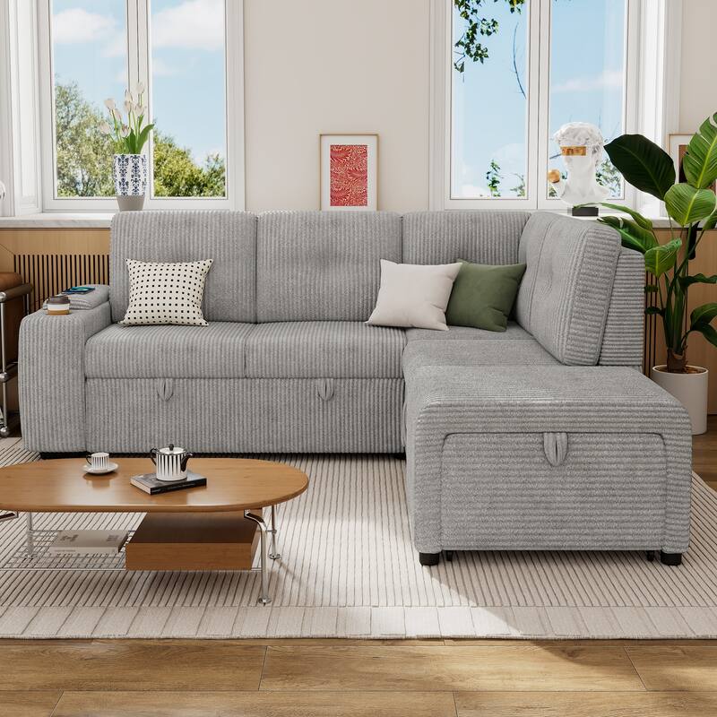 Modern Convertible Sectional Sofa Bed with USB Ports and Storage and Cup Holder for Small Space Living Room