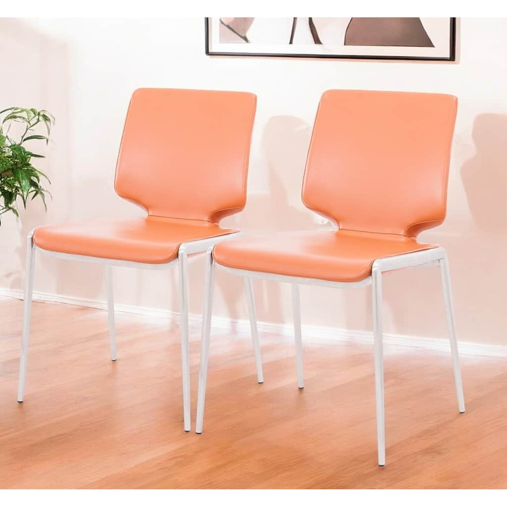 Set of Two Terra Cotta And Silver Upholstered Faux Leather Dining Side Chairs