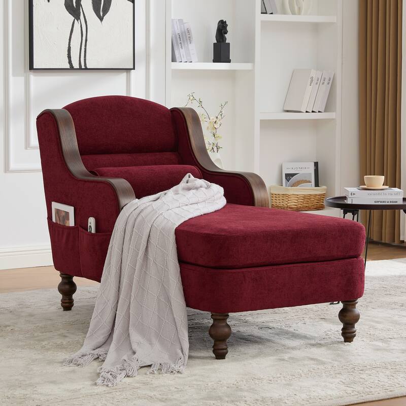 HOMEFUN Chenille Upholstered Wood Frame Oversized Chaise Lounge Single Sofa Bed with Side Pocket for Living Room,Bedroom - Wine Red