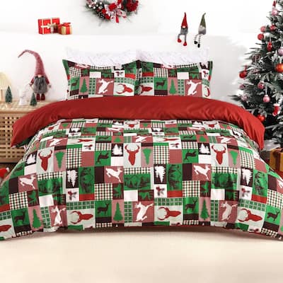 Christmas Reindeer Patchwork Duvet Cover and Pillow Shams Set, Bedding Set