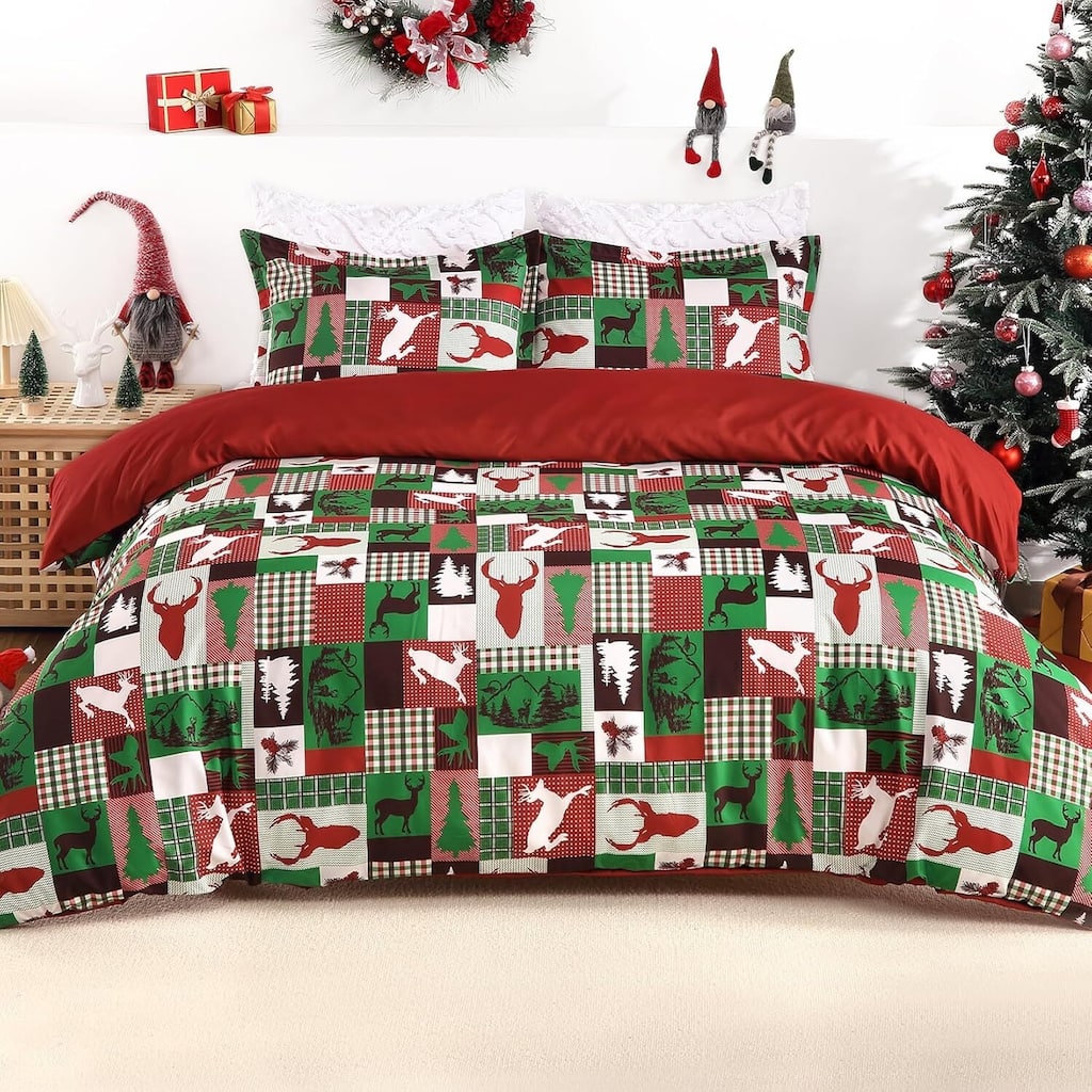 Christmas Reindeer Patchwork Duvet Cover and Pillow Shams Set, Bedding Set