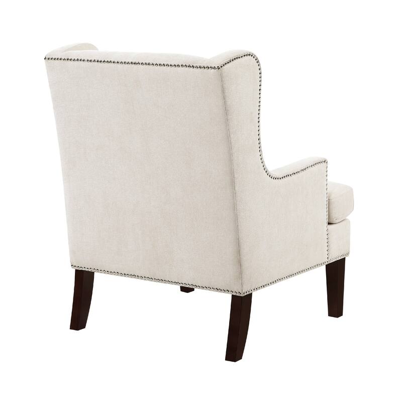Rossana Accent Wing Armchair, Beige Polyester, Brown Wood, Nailhead