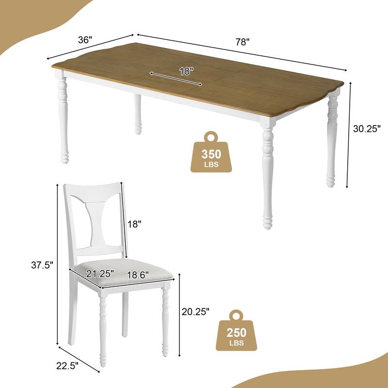 7-Piece Extendable Wood Dining Table Set with Removable Leaf and 6 Durable Chairs for Kitchen Use