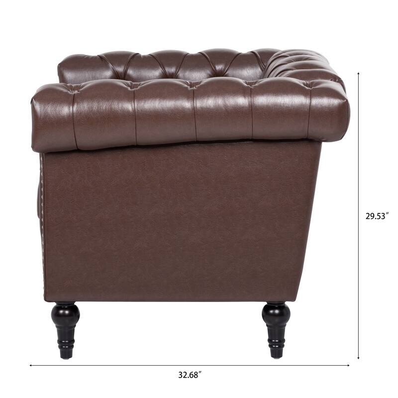 Brown PU Modern 38.98" Upholstered Buttons Tufted Accent Chair with Gourd Shaped Birch Legs and Nailheads