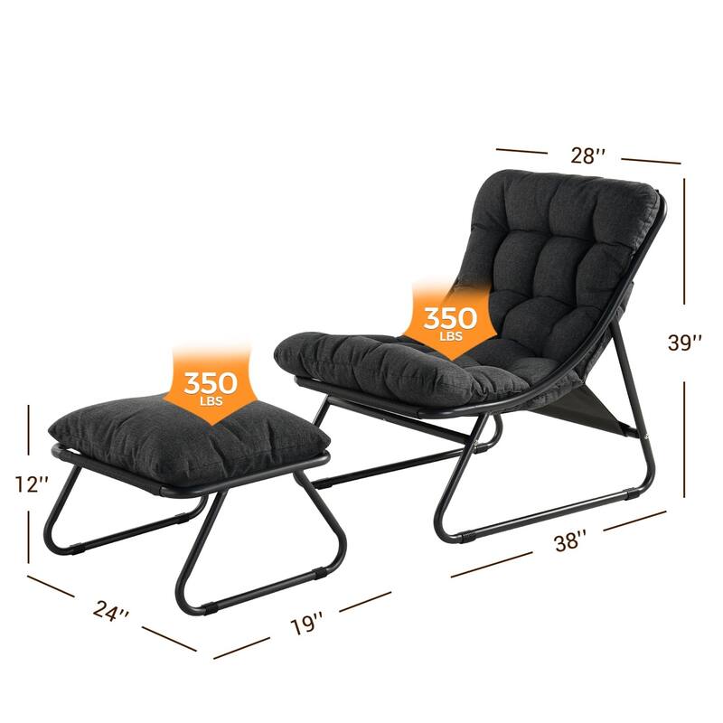 Outdoor Lounge Chair with Foot Stool, Comfy Sling Recliner Chair with Puffy Cushion and Foot Rest