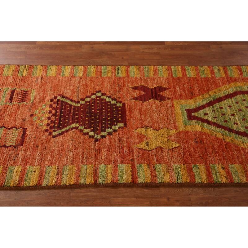 Geometric Orange Moroccan Oriental Runner Rug Hand-Knotted Wool Carpet - 3'1" x 9'9"