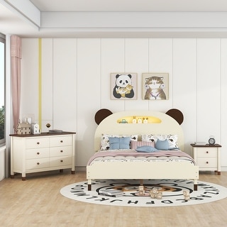 3 Piece Bedroom Sets Platform Bed with Nightstand, Dresser, Night Lights