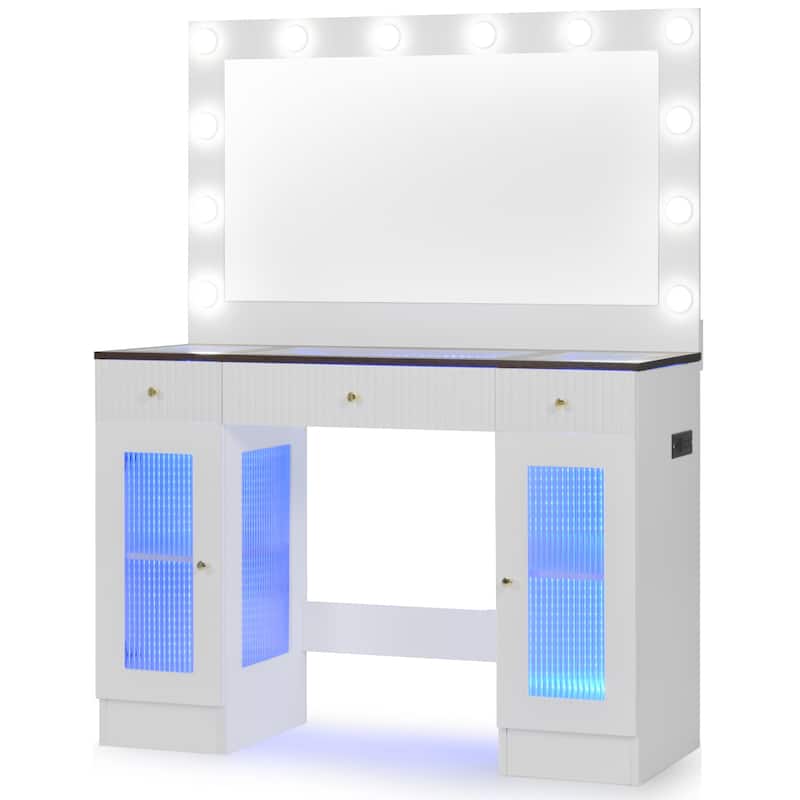 43.3"Vanity Desk with Large Mirror and Hollywood Bulbs,Glass Top Makeup Vanity with Drawers and Power Outlet