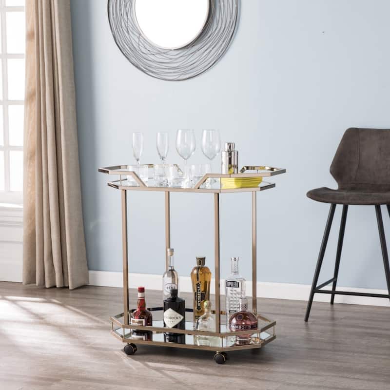 31 Inch Mirrored Glass Bar Cart with Locking Wheels - 31.25" X 16.5" X 30.75"