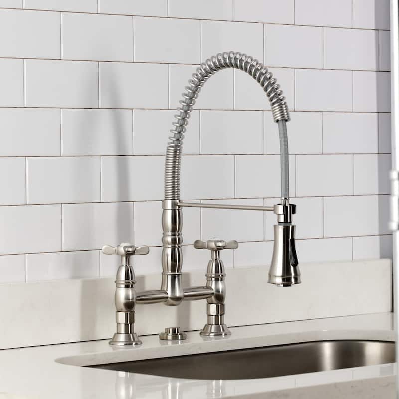 Kingston Brass Essex Double-Handle Wall-Mount Pre-Rinse Bridge Kitchen Faucet