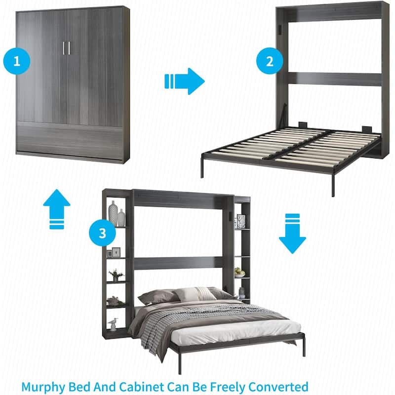Mixoy Murphy Bed,Folding Wall Bed with 2 Side Cabinet Shelves