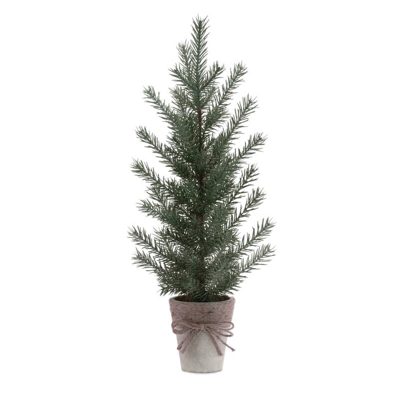 Set of 2 Potted Mini Pine Trees with Beige Rustic Planters - 9” W x 8” D x 23.5” H - Green, Beige