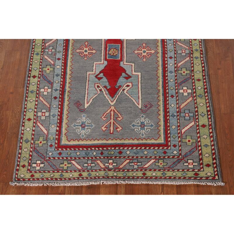 Gray Geometric Kazak Oriental Accent Rug Hand-Knotted Wool Carpet - 3'4"x 5'0"