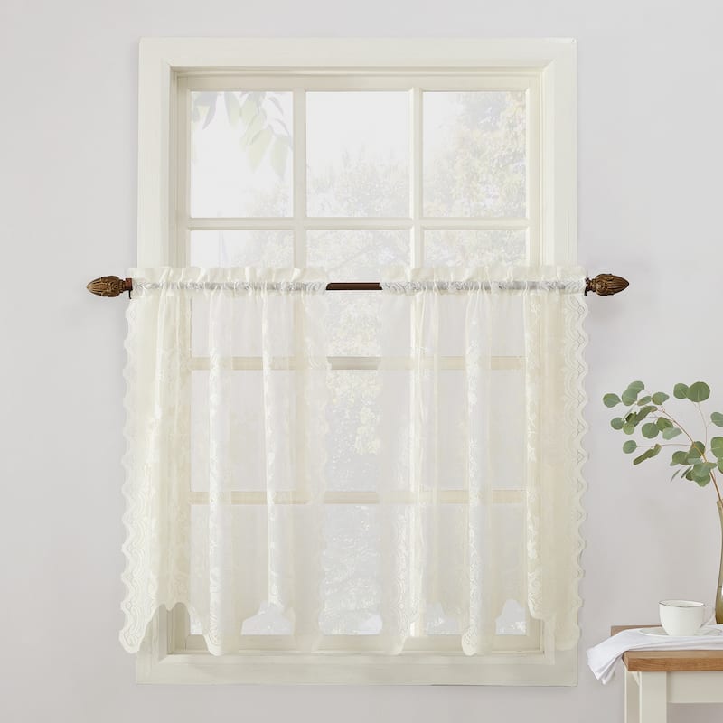 No. 918 Alison Floral Lace Sheer Rod Pocket Kitchen Curtain Swag/Tier Pair - 58x36 - Ivory