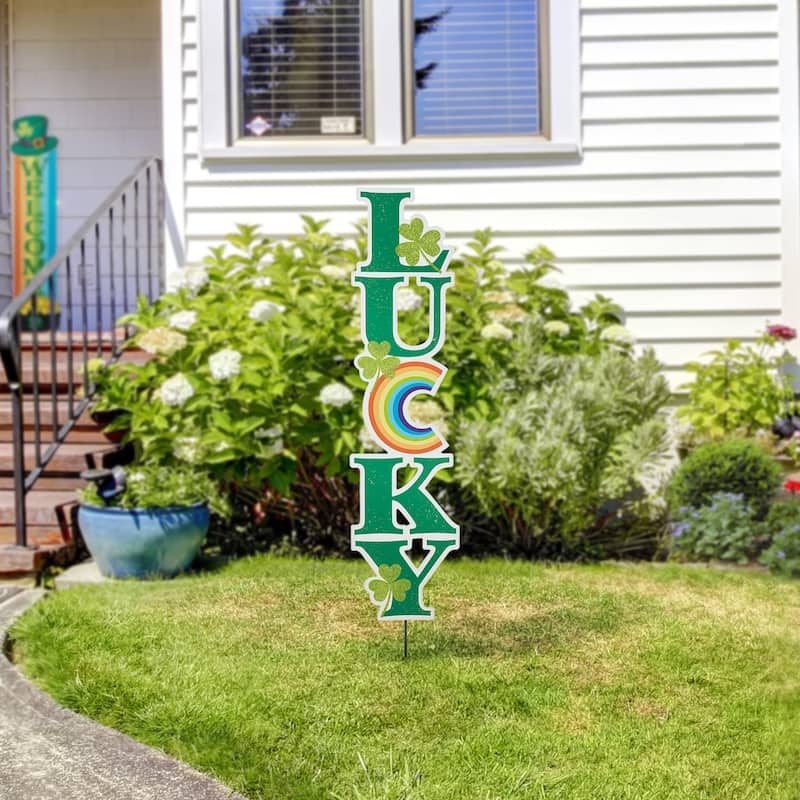 Glitzhome 42"H St. Patrick's Metal Lucky Leprechaun Hat Shamrocks Yard Stakes - Lucky