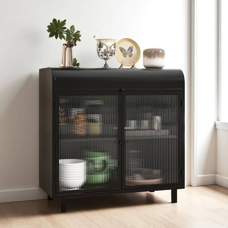 Modern Steel Buffet Cabinet with Flip Top and Tempered Glass Doors, Storage Console for Kitchen or Entryway