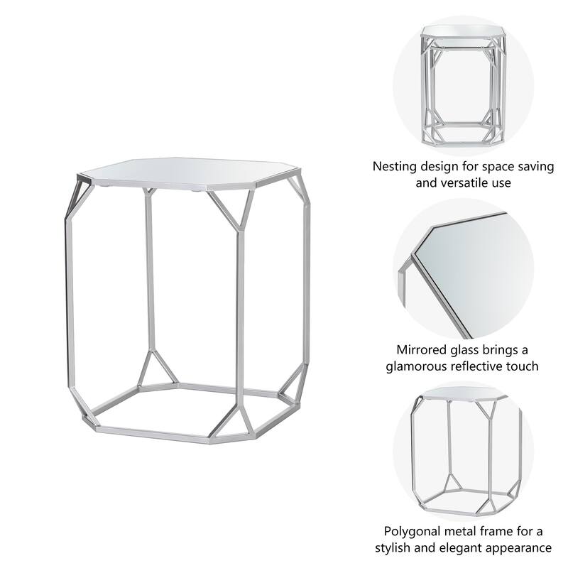 Glitzhome Set of 2 Glam Glass Modern Square/Octagon Gold/Silver Side Table Sofa Table