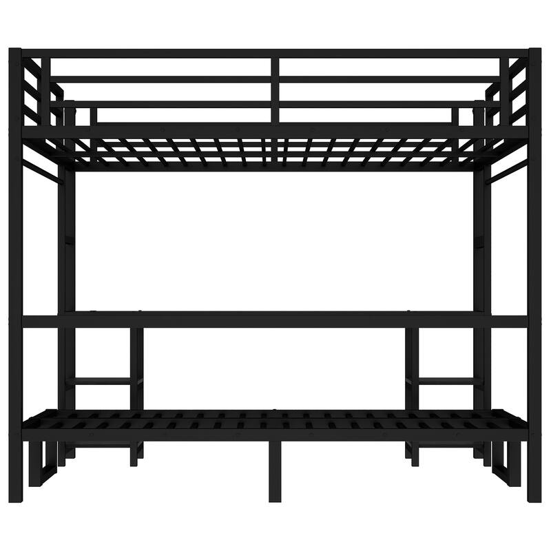 Convertible Queen Over Twin XL Metal Loft Bed with Foldable Sofa, Built-In Desk, Shelves, USB Ports & LED Lighting